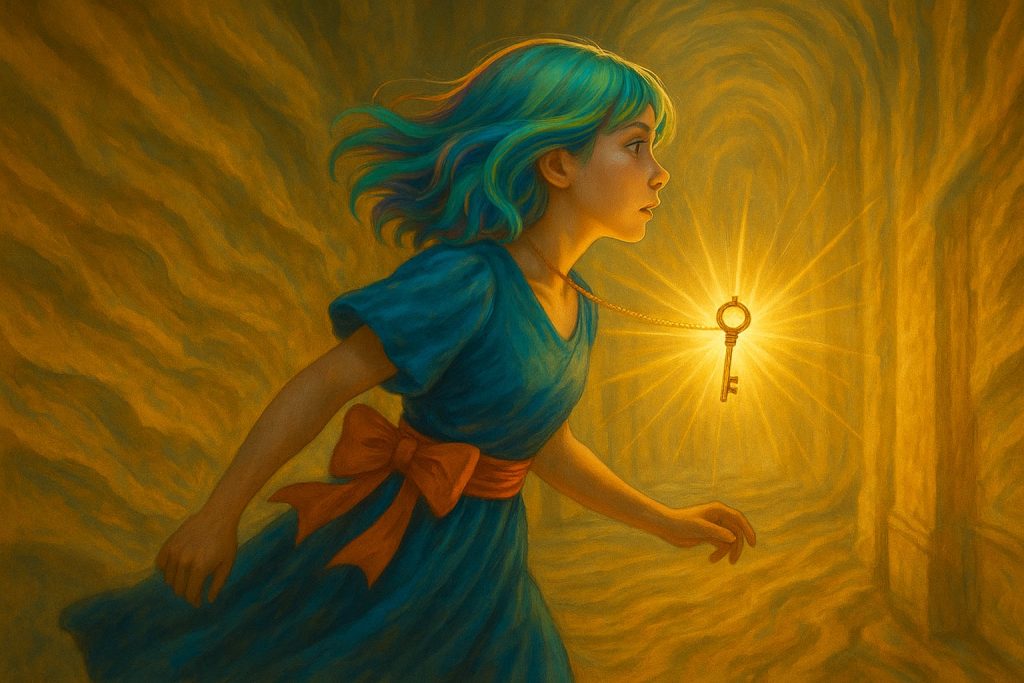 Zara, nastolatka o tęczowych włosach do ramion, biegnie korytarzem pałacu Ariosa. Ma na sobie niebieską suknię przepasaną dużą pomarańczową kokardą. Na jej piersi wisi złoty klucz, który jarzy się intensywnym światłem i wyraźnie ciągnie ją do przodu, jakby sam prowadził ku bramie. Jej ciało pochylone jest w kierunku światła, włosy i kokarda unoszą się w ruchu. Piaskowe ściany korytarza falują i rozmywają się w złotych refleksach, tworząc mistyczną i psychodeliczną atmosferę.