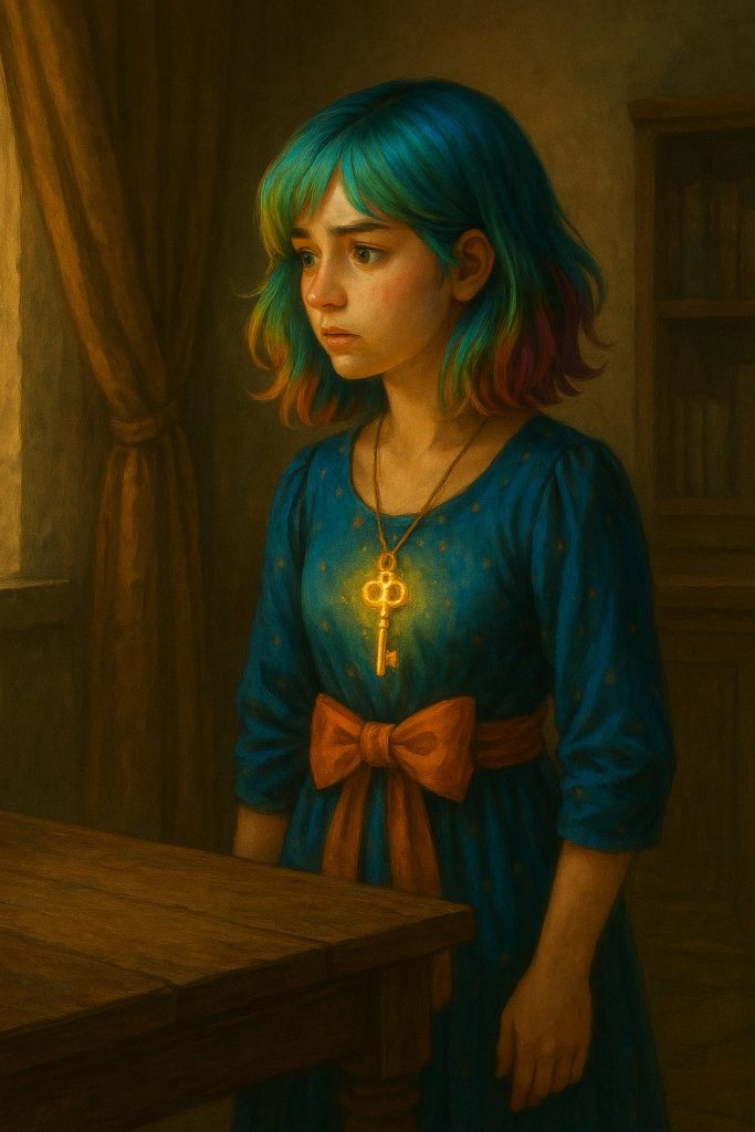 Nastoletnia Zara stoi w swojej komnacie pałacu Ariosa. Ma tęczowe włosy do ramion, które mienią się odcieniami niebieskiego, zieleni, żółci i czerwieni. Ubrana jest w niebieską suknię przepasaną dużą pomarańczową kokardą. Na jej szyi wisi złoty klucz, który jarzy się mistycznym światłem i rozświetla jej twarz oraz piaskowe ściany pokoju. Przed nią stoi pusty drewniany stół, a w tle widać półkę z książkami i ciężką zasłonę. Atmosfera sceny jest napięta i tajemnicza, jakby właśnie zaczynało się objawienie.