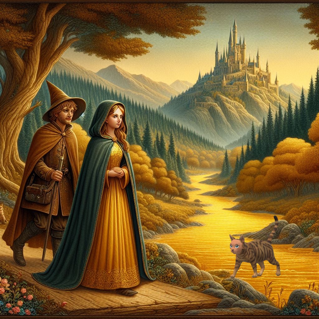 Zofia i Miaumoney. Obraz przedstawia dorsłą wiejską pannę w towarzystwie uroczego maga, którzy napotkali kota o magicznych mocach. Bohaterowie zmierzają do zamku stojącego w tle