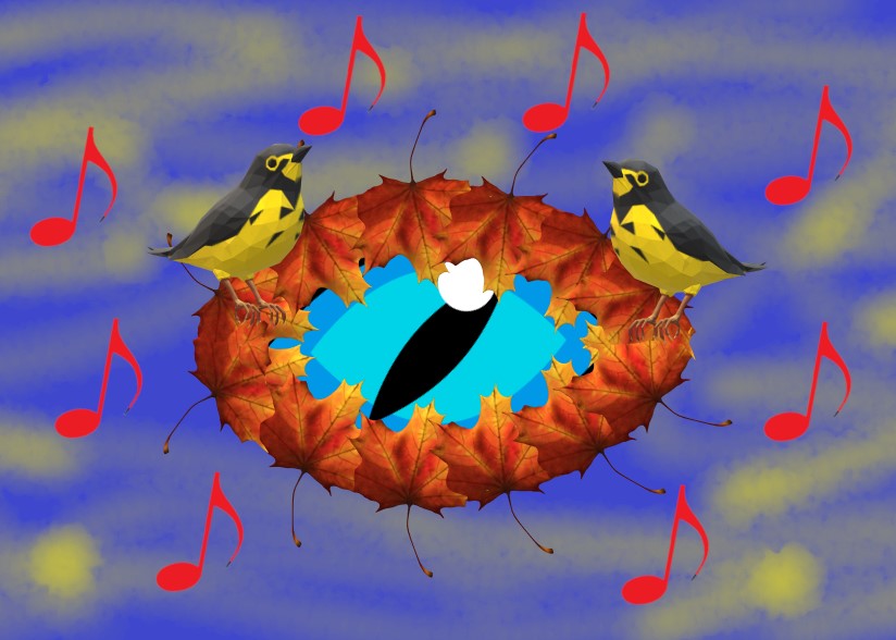 Poezja. Obraz przedstawia dwie śpiewające sikorki siedzące w gnieździe z liści. Są obserwowane przez boże oko mądrości.