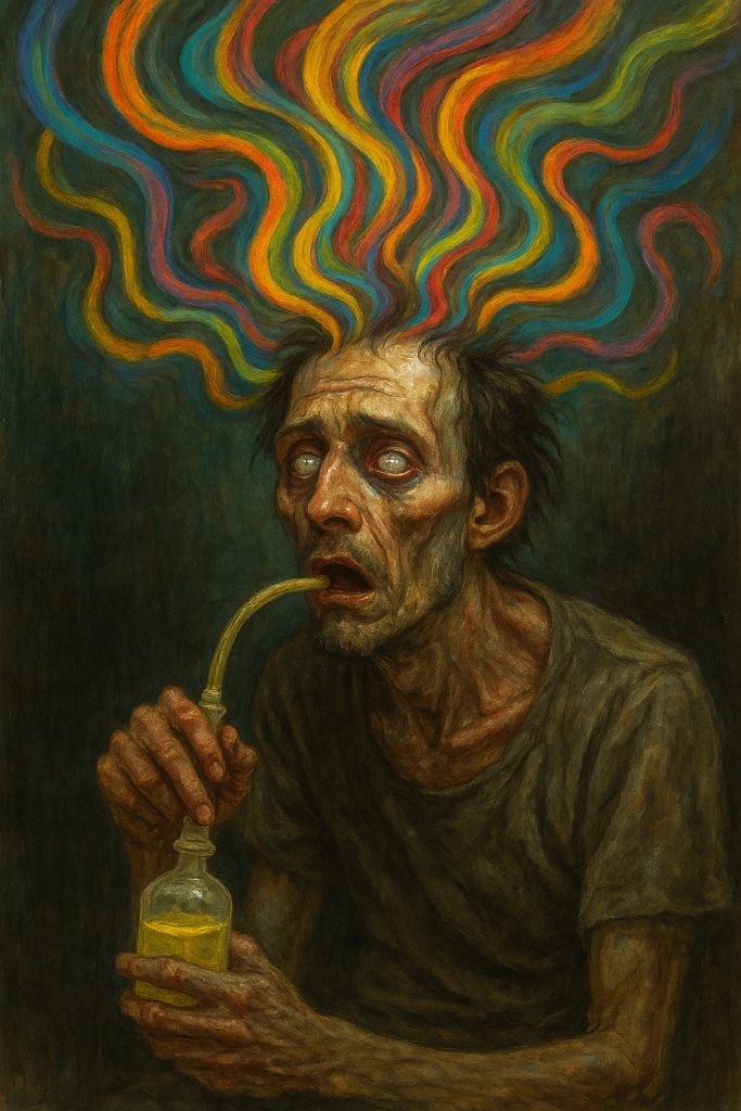 Narkoman po chromium w trakcie opuszczania umysłu.