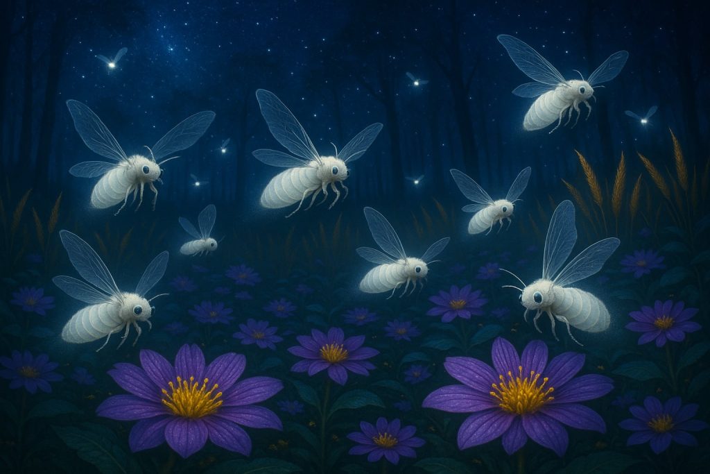 Larwy Felis Chiata o mlecznobiałych ciałach i fiołkowym połysku unoszą się nad kwiatami Ferolisa w ciemnym lesie, emitując bioluminescencyjny blask.
