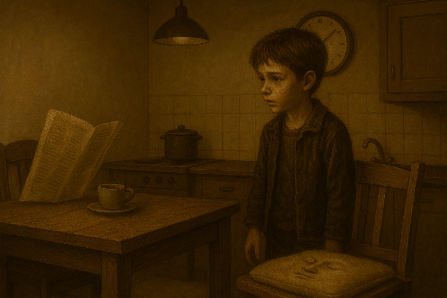 Młody Roni Alien rozmawia Ariosem w kuchni w domu dusz. Dziadek z uwagą słucha swego gościa i czyta gazetę jakby jego obeność była codziennością