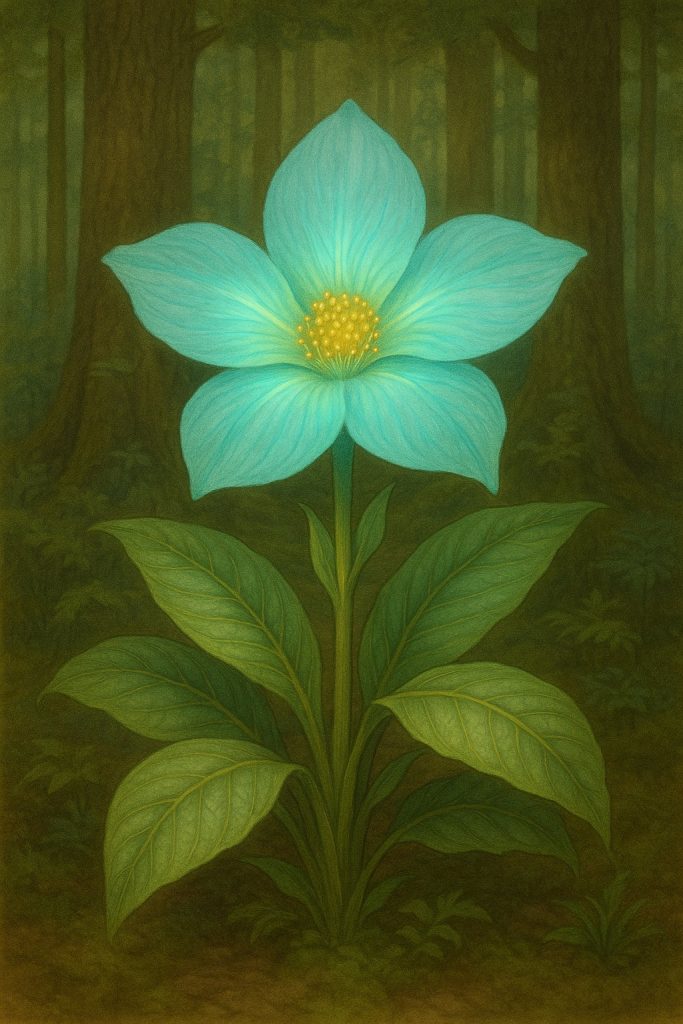 Ilustracja botaniczna rośliny Ferolis o błękitno-zielonym kwiecie i dużych zielonych liściach, rosnącej w cienistym lesie.