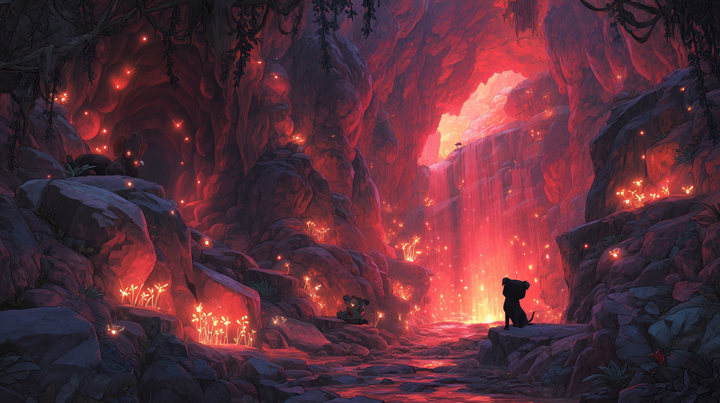 Ciepła, baśniowa scena w jaskini oświetlonej czerwonym blaskiem i tysiącami świetlistych punktów przypominających ogniki. W centrum, na kamiennej półce, siedzi mały czarny szczeniak spoglądający na wodospad spływający w świetle zachodu. Wokół widać skalne ściany porośnięte roślinnością i rozświetlone drobnymi roślinami bioluminescencyjnymi, które nadają scenerii magiczny i melancholijny nastrój.