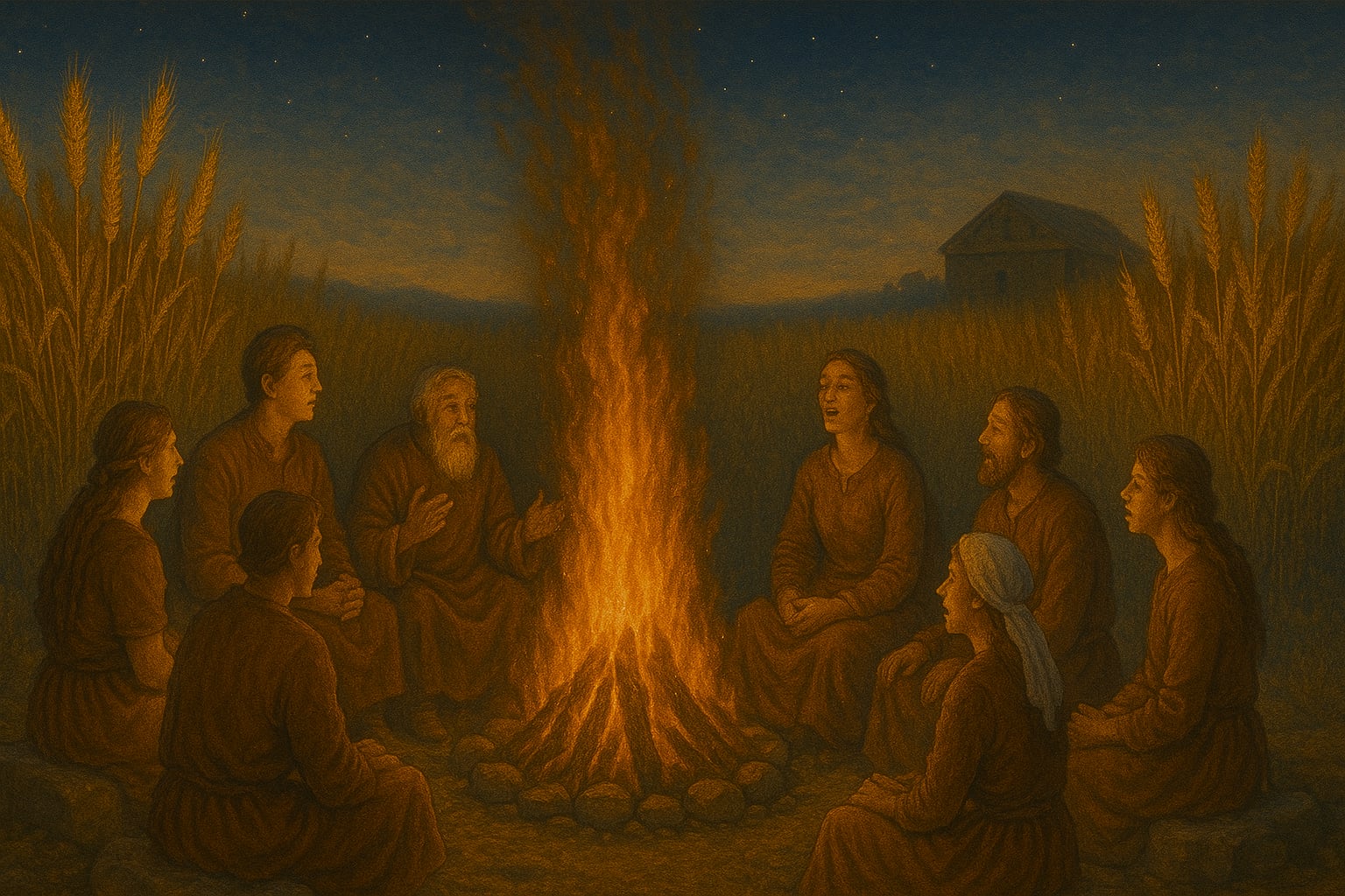 Orianie przy ognisku w czasie Sirestu odprawiają rytuał wdzięczności i wspólne świętowanie zbiorów wśród złocistych kłosów