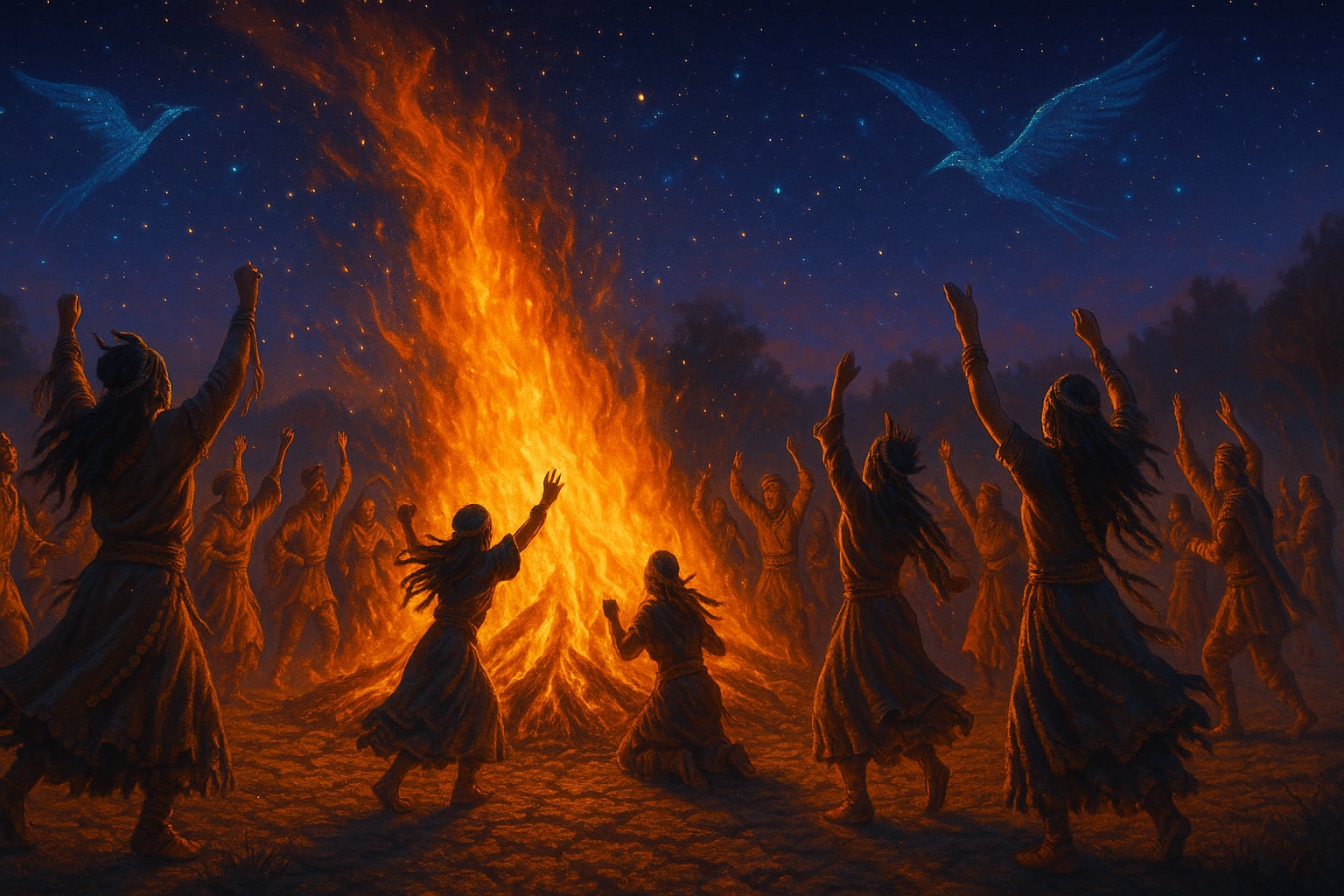 Ludzie świętują nastanie lata. Z okazji Firest tańczą przy ognisku w towarzystwie niebiańskich błękitnych ptaków