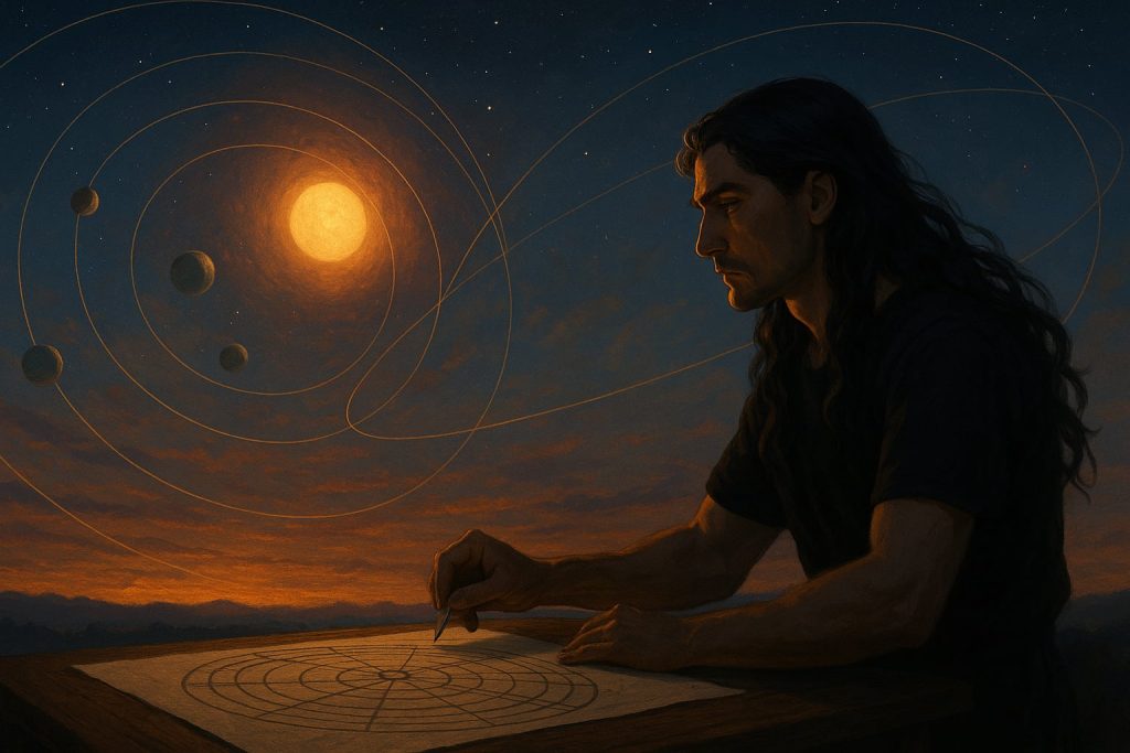 Panoramiczne niebo nad UX z dwoma słońcami, widocznymi planetami i liniami ich orbit. Na pierwszym planie Arios Deniro rysuje schemat kalendarza Orestar. Tak narodziła się astronomia na Ux.