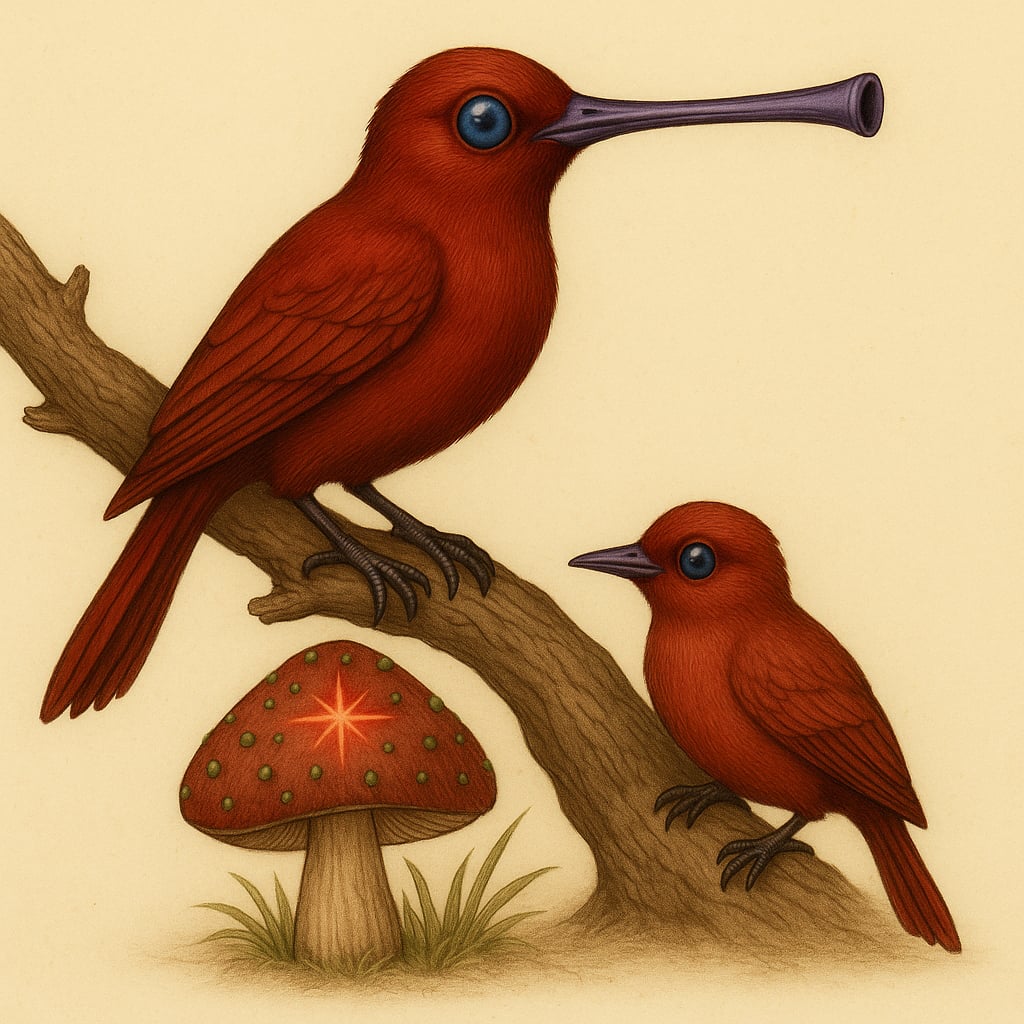 Atlasowa ilustracja Jofiolius ofilio. Dorosły ptak o intensywnie czerwonym upierzeniu, długim fioletowym dziobie przypominającym flet i błękitnym, kryształowym oku siedzi na grubej gałęzi drzewa. Obok, na niższym poziomie gałęzi, stoi młody ptak o jaśniejszym upierzeniu i krótszym dziobie. Pod nimi rośnie grzyb Adosa z czerwonym kapeluszem ozdobionym zielonymi wypustkami i świecącą gwiazdką pośrodku. Neutralne, kremowe tło podkreśla szczegóły anatomii ptaków i ich ekosystemu.