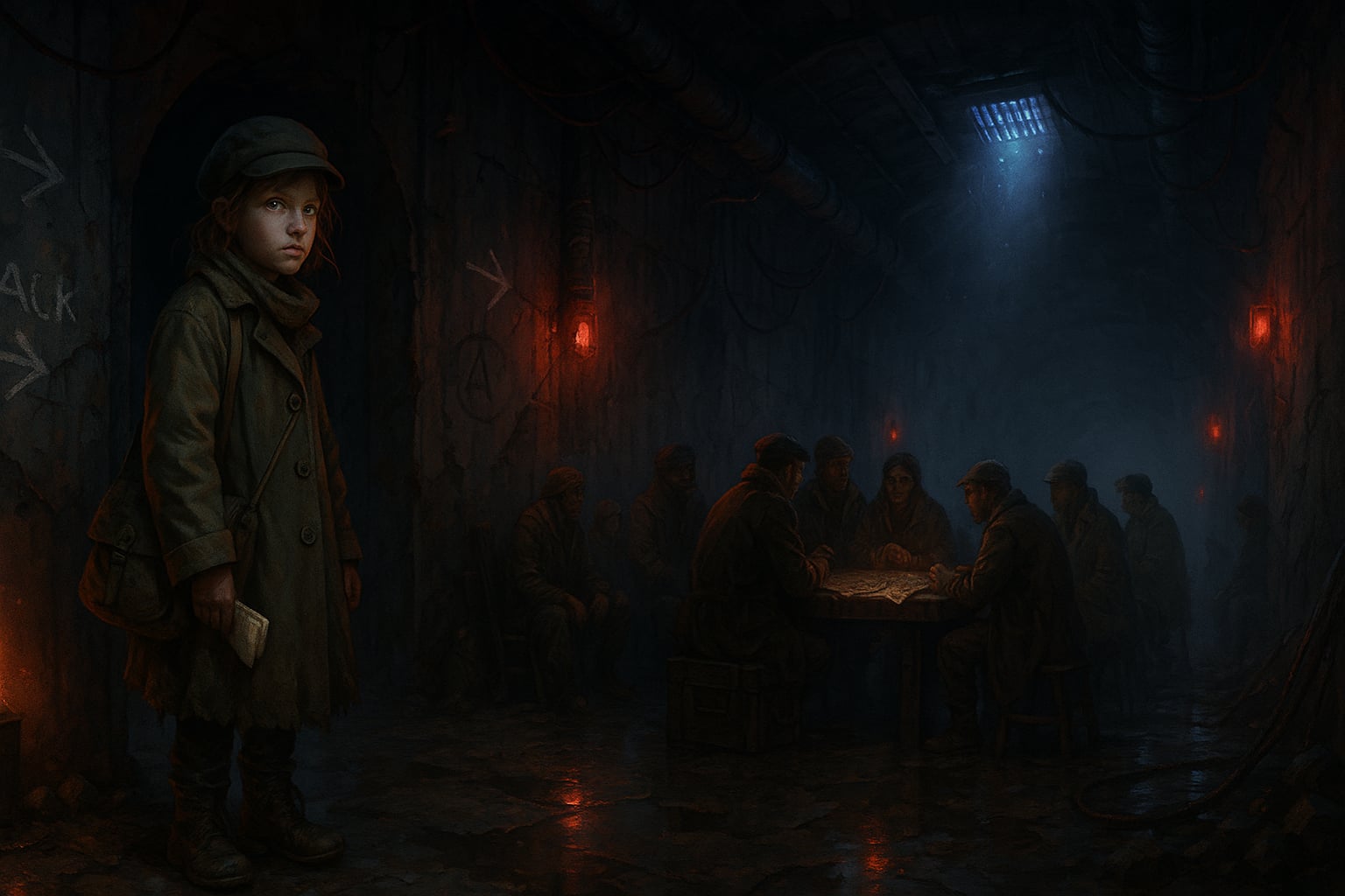 Genowefa ma 10 lat i stoi w wejściu podziemnego tunelu na UX. Ma za duży płaszcz, czapkę i szalik, twarz ubrudzona pyłem. Trzyma złożoną kartkę i przewieszoną przez ramię płócienną torbę. Po lewej na ścianie widać kredowe strzałki i litery. Na środku ludzie siedzą przy skrzynce, na której leży mapa. Światło awaryjnych czerwonych lamp kładzie plamy na mokrej posadzce. Przez kratę wentylacyjną wpada chłodny niebieski snop z Oriona. Korytarz jest zniszczony, sufit pełen rur i zwisających kabli. Scena przedstawia zebranie po wielkiej wojnie, w ciszy i napięciu.