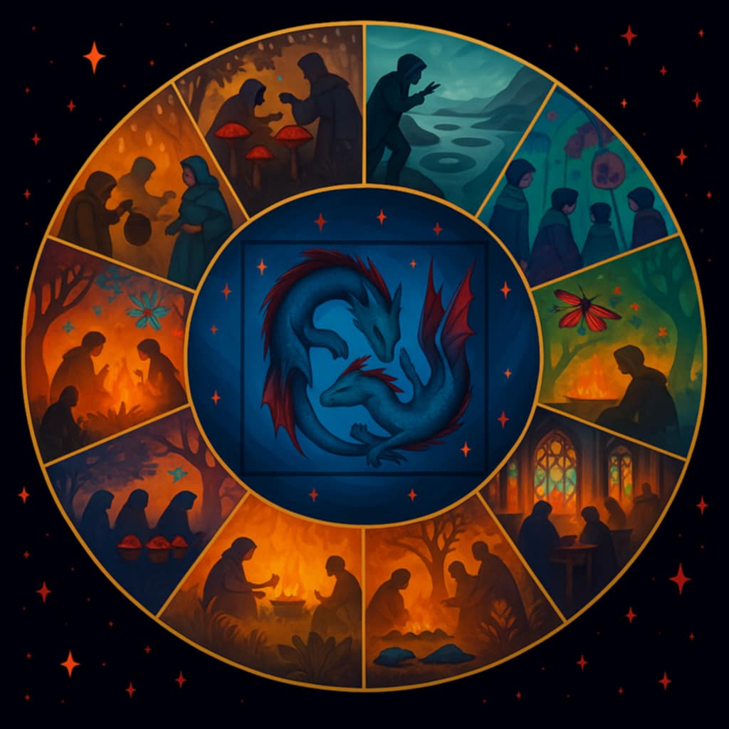 Mandala Orestaru przedstawiająca pełny kalendarz Oriona. W centrum dwa neresy ułożone jak yin i yang, samica masywna trzyma ogon smukłego samca, a on jej. Wokół znajduje się jedenaście równych segmentów z symbolami miesięcy: Aderest – zbiór grzybów Adosa, Derest – metaliczny grad, Terest – rzeka wyrocznia, Ferest – kwiaty Ferolis nad cuchnącą rzeką, Firest – taniec przy ognisku, Serest – serestynki, Sirest – żniwa złocistych kłosów, Orest – targ owocowy i napój wizji, Nerest – mgły i polowanie na neresy, Darest – przygotowania do zimy przy ogniu, Jederest – rytuał ognia z kapłanami Je’haim.