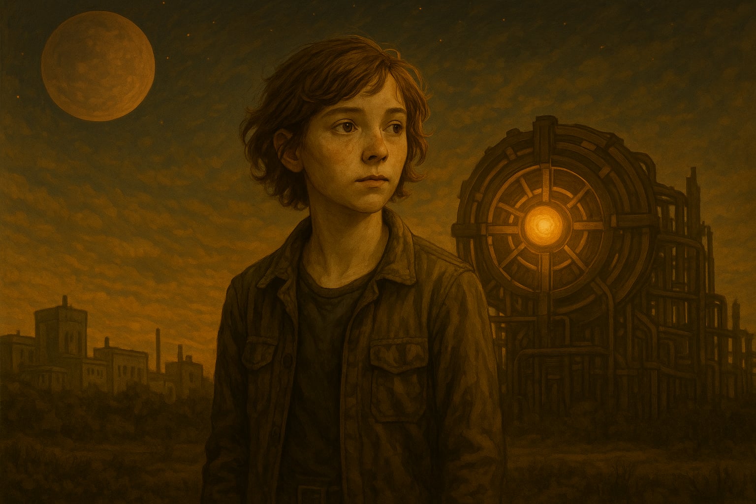 Młody Roni Alien stoi na pierwszym planie w ciemnym ubraniu. Patrzy w bok, z poważnym wyrazem twarzy. Za nim widać wielką maszynę z jarzącym się, okrągłym światłem w centrum, przypominającą urządzenie techniczne. W tle znajduje się księżyc na pomarańczowym niebie oraz zarysy budynków przemysłowych.