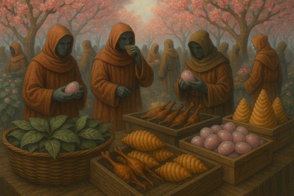 Na drewnianych stołach stoją kosze pełne grubych, zielonych liści Oriatusa, skrzynie z bladoróżowymi owocami Mantys przypominającymi liczi, tace z grillowanymi ptasimi udkami i złociste, stożkowate chlebki pini. Orianie degustują jedzenie wśród drzew obsypanych różowymi kwiatami.