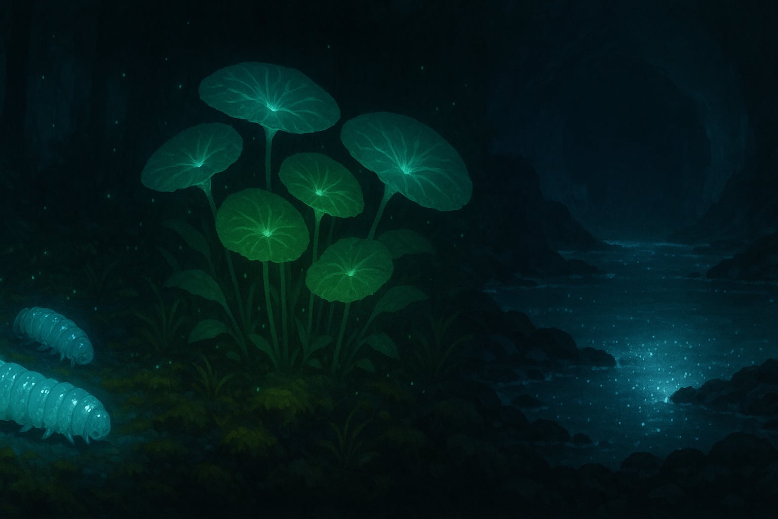 Nocny krajobraz na UX rozświetlony przez trzy środowiska bakterii fotonujących. Po lewej stronie świecą larwy Felis Chiata emitujące niebieskawy blask. W centrum rosną ferolisy, których liście jarzą się zielonym światłem. Po prawej stronie widać podziemne jezioro, nad którym unosi się delikatna, biała poświata tworzona przez kolonie Gloriana albis. Całość otacza ciemny las i skalne ściany jaskini, co potęguje mistyczną atmosferę.