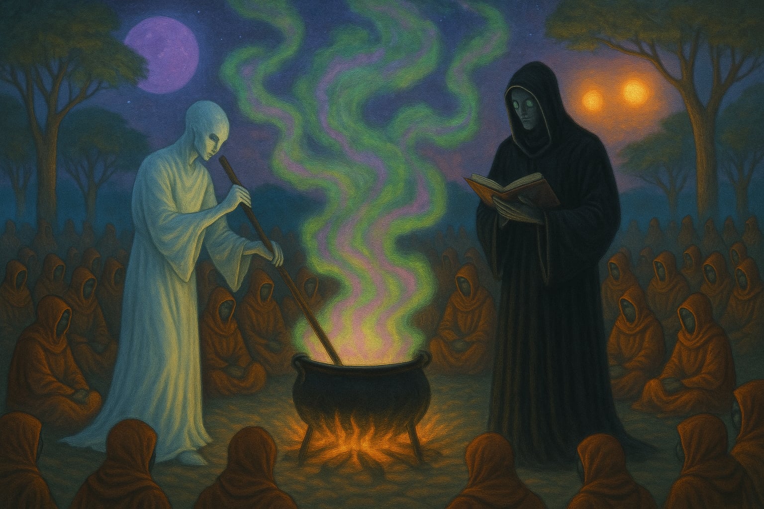 Wierni siedzą wokół ogniska, a ich oczy zamykają się pod wpływem oparów. Nad kotłem unosi się zielono-fioletowa para, która gęstnieje i oplata całą wspólnotę. W blasku dymu biały kapłan nie wygląda już jak zwykły Orianin. Wzrok wiernych widzi go jako świetlistą, niemal nadnaturalną postać, której ruchy stają się płynne i nieludzkie. Jego biała szata promieniuje, jakby była utkanym światłem, a twarz pozbawiona wyraźnych rysów przypomina maskę Masta. Obok kotła czarny kapłan stoi nieruchomo, lecz jego sylwetka zanika w cieniu. Wydaje się mniej materialny, bardziej głosem niż ciałem. Wierni słyszą jego mantrę głębiej niż zwykle, tak jakby każde słowo rozchodziło się falami w powietrzu. Ogonki płomieni pulsują, a w ich rytmie poruszają się drzewa Oriatus. Ich korony zdają się oddychać, a księżyc i dwa słońca migoczą nienaturalnie jasno. W tej chwili cały plac nie jest już zwykłym miejscem – stał się mostem do czasu Masta, który rozwarstwia się i pozwala wspólnocie oglądać świat oczami wizji.