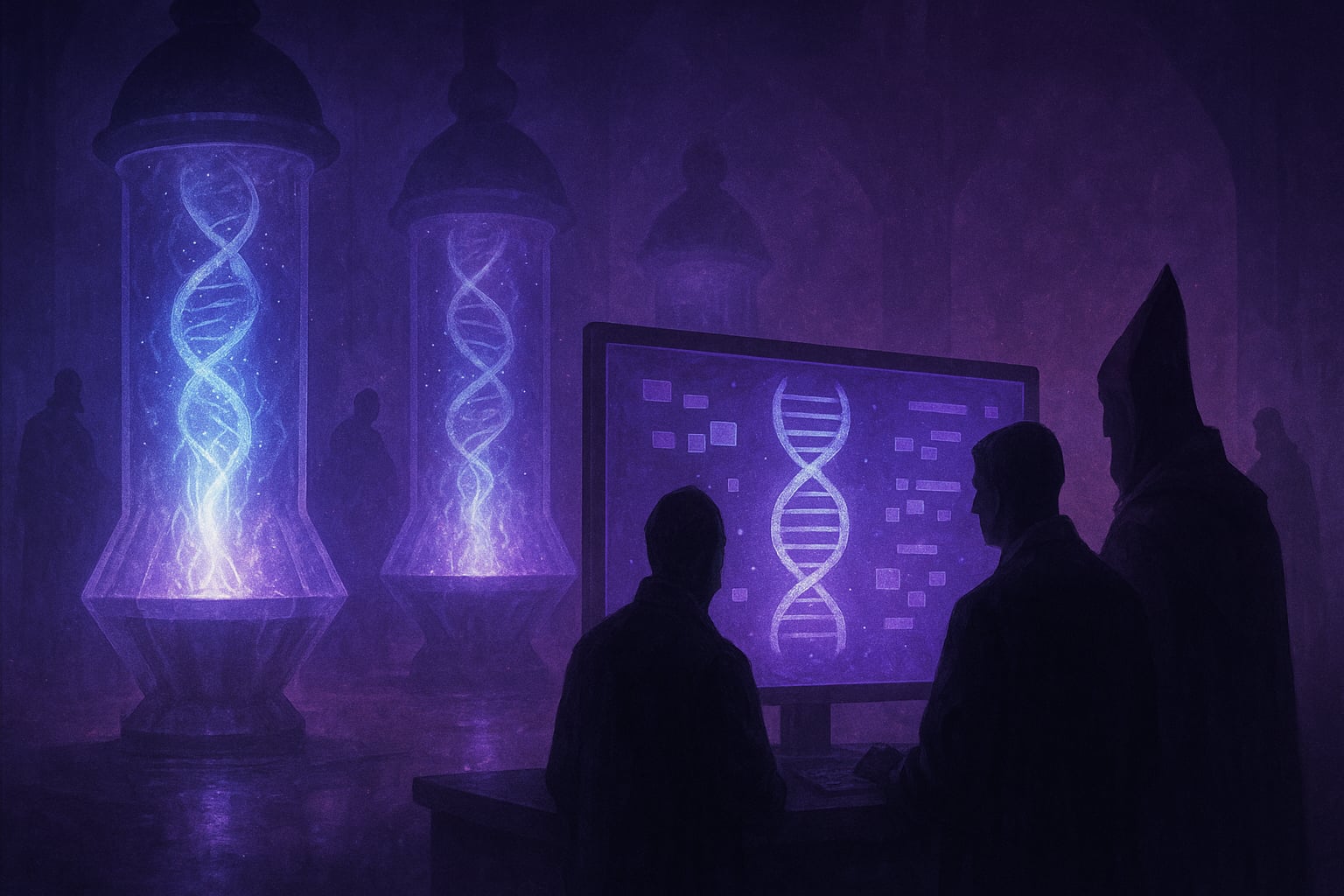 Orianin w inkubatorze otoczony światłem, nad którym czuwają naukowcy i kapłani – symbol narodzin neurogeniki.