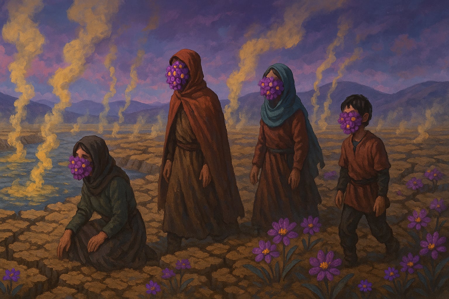 Ludzie w rytualnych strojach stoją nad odtajaną rzeką metanu podczas miesiąca Ferest, noszą maski z kwiatów ferolisów chroniące przed oparami.