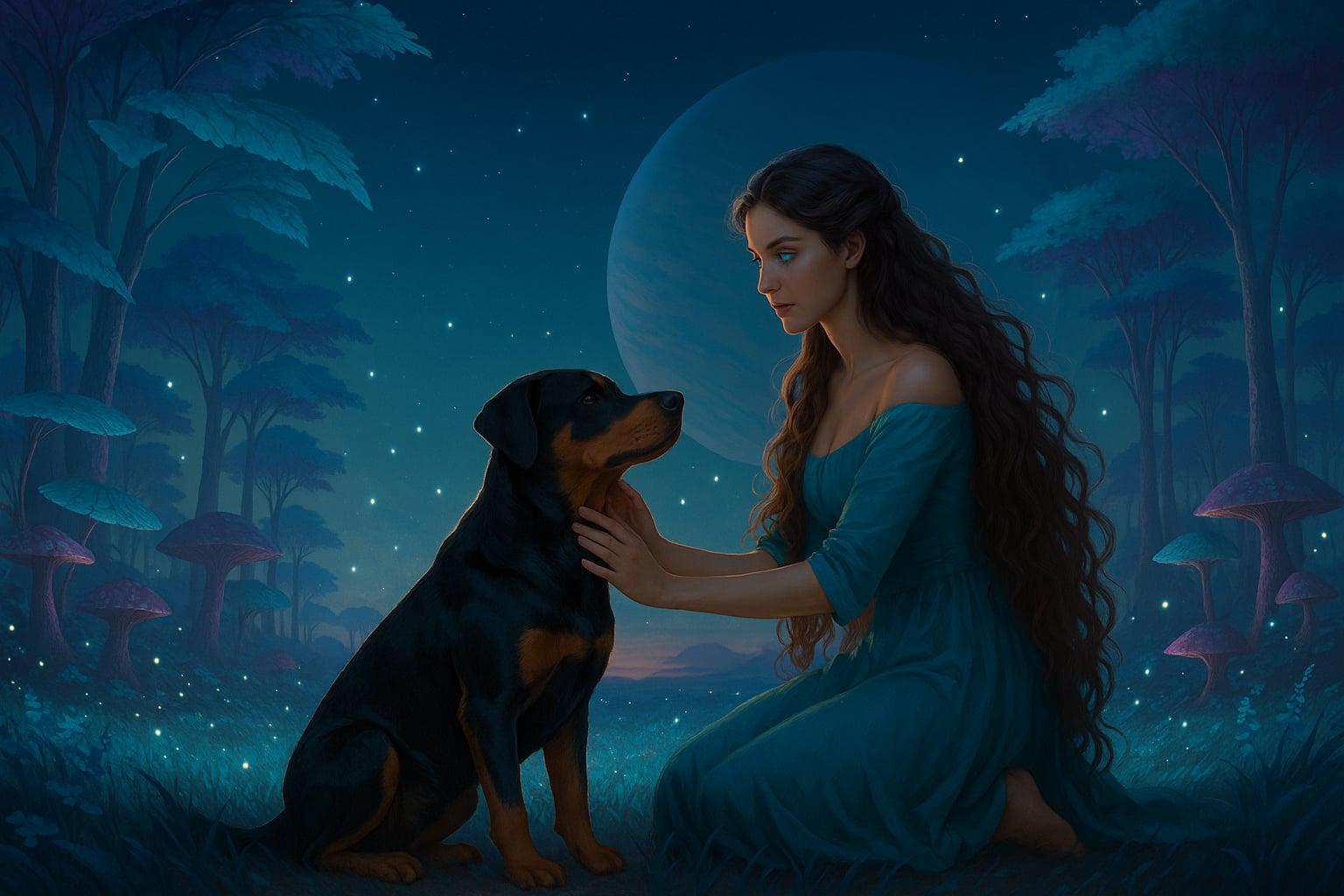 Krisa klęczy na ziemi Orionu wśród bioluminescencyjnej roślinności. Jej długie kręcone włosy opadają na ramiona. Zielone oczy z niebieskimi płomieniami patrzą ciepło na Roxi. Roxi siedzi naprzeciw niej, przypomina rottweilera, ma czarną sierść z rudymi znaczeniami. Pies nosi ciemną obrożę i patrzy spokojnie w oczy Krisy. Krisa obejmuje dłonią szyję Roxi i drugą dłonią dotyka jej barku. Podłoże tworzy świetlisty mech i turkusowe trawy Oriatus. Wysokie Ferolisy i srebrzyste pnie otaczają polanę. Nad nimi unoszą się larwy Felis Chiata, jak drobne punkty światła. Na niebie dominuje tarcza planety UX, widoczna ponad horyzontem Orionu. Scena rozgrywa się o zmierzchu, w chłodnym błękicie i fiolecie. Krisa i Roxi zajmują centrum kadru, na pierwszym planie.