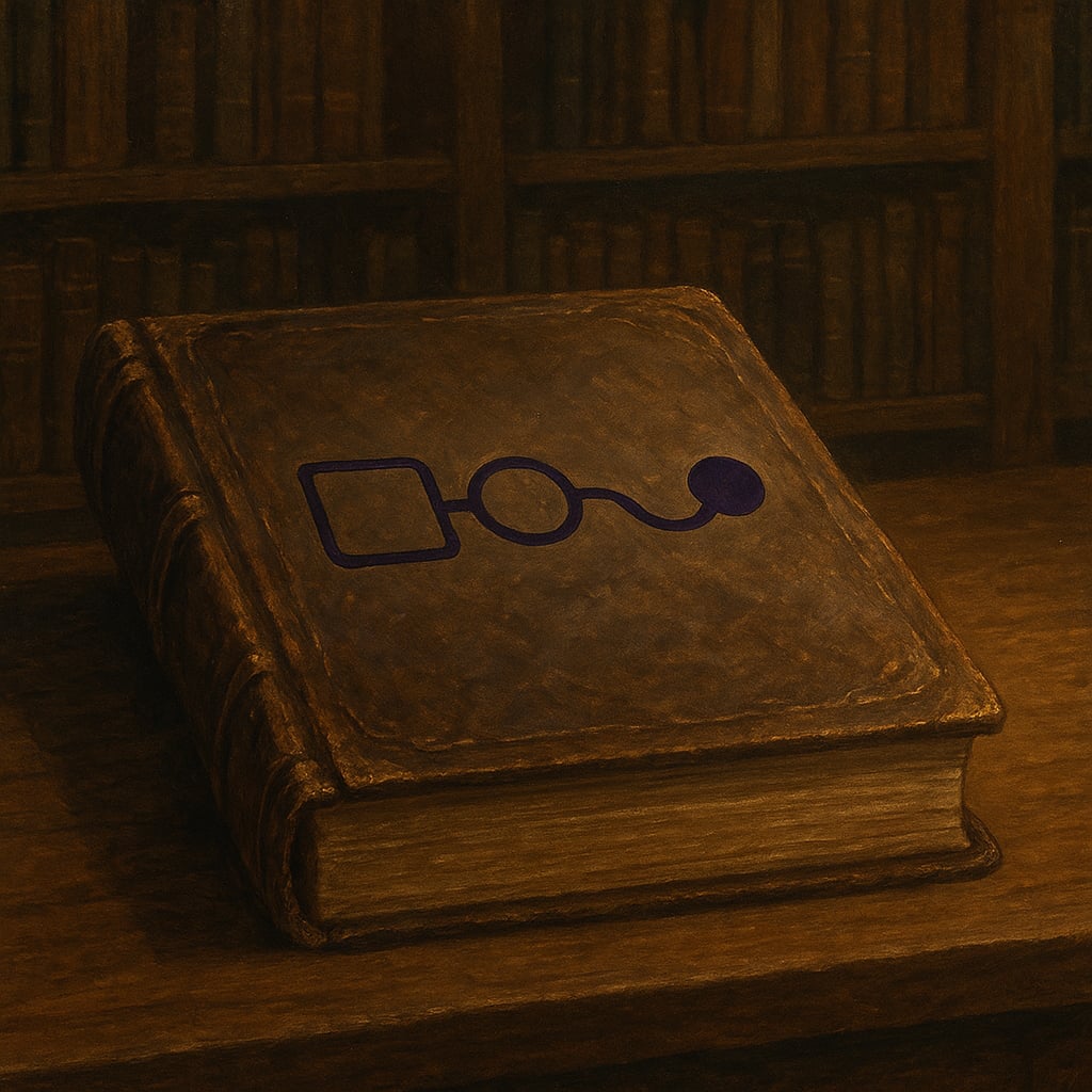 Na ciężkiej, skórzanej księdze spoczywa niewidoczna dłoń Masta. Światło biblioteki podkreśla runiczny napis adeka, jakby sam czas odcisnął w nim swoją obecność. Księga wydaje się żywa, niosąc pamięć dawnych er i resetów.