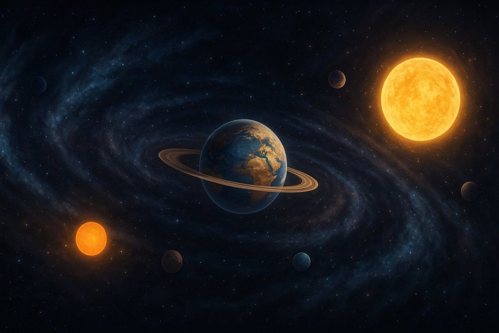 Ilustracja przedstawia galaktykę z dwoma słońcami i pięcioma planetami. Po prawej widnieje duże złociste słońce, po lewej mniejsze o pomarańczowym blasku. W centrum obrazu znajduje się niebiesko-brązowa planeta z pierścieniem, otoczona czterema mniejszymi planetami o różnych barwach i rozmiarach. Wszystko osadzone jest wśród spiralnych ramion galaktyki pełnych gwiazd i ciemnych mgławic.