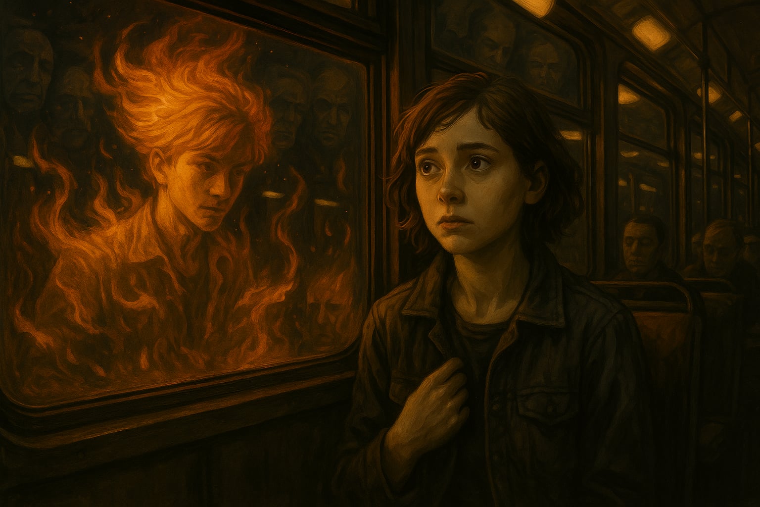 Janka siedzi w nocnym tramwaju przy oknie. Jej twarz oświetla żółta lampa, a za szybą widać ciemne ulice miasta rozświetlane reflektorami pojazdu. W odbiciu szyby pojawia się płomienny chłopak z długą, ognistą grzywką zasłaniającą oczy. Obok niego migoczą inne wizje: twarze nieznanych ludzi, języki ognia i fragmenty dawnych wspomnień. Atmosfera jest senna i niepokojąca, jakby granica między rzeczywistością a snem zaczynała się zacierać.