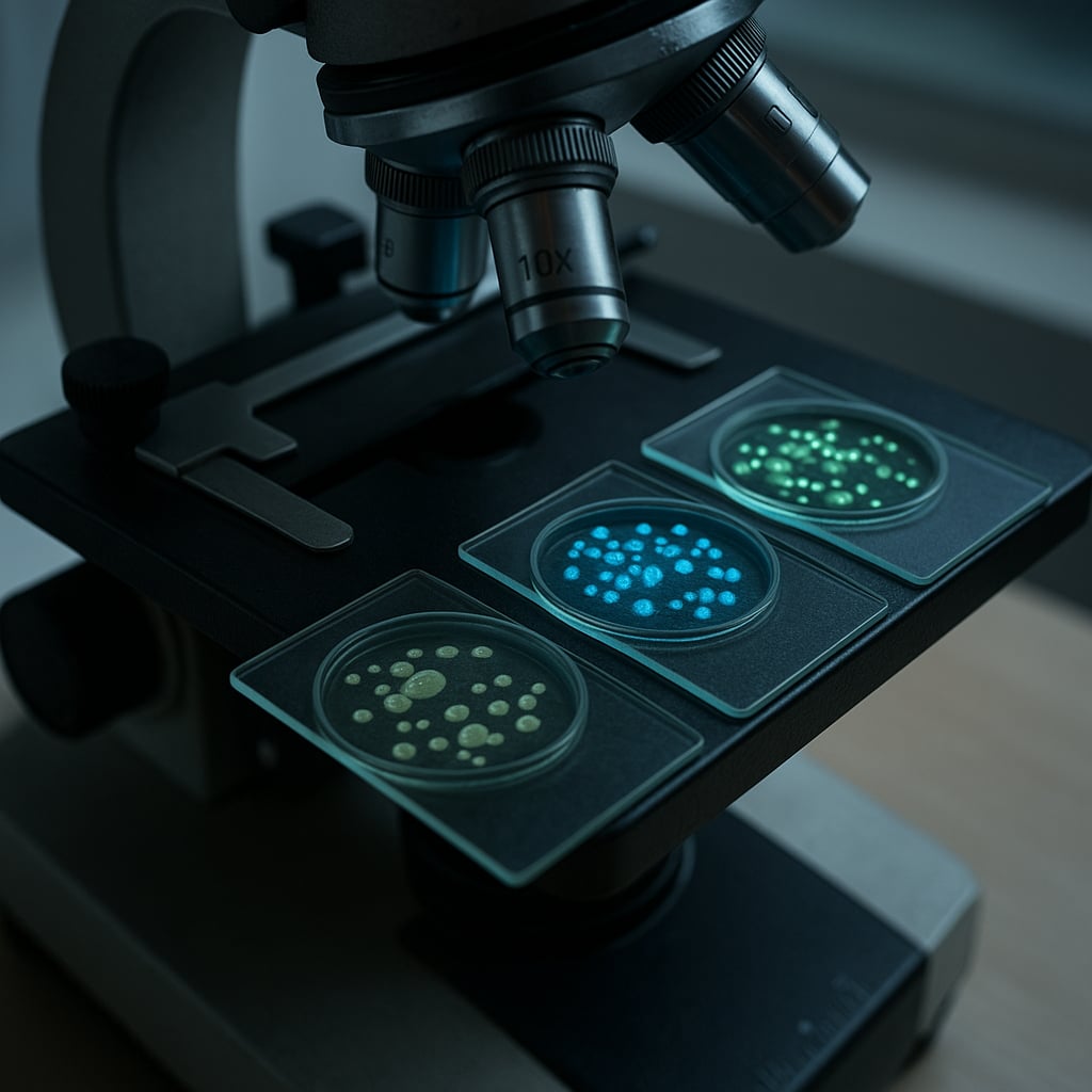 Mikroskop laboratoryjny z trzema szkiełkami umieszczonymi pod obiektywem. Na szkiełkach widać kolonie bakterii świecących różnymi barwami: zieloną, niebieską i turkusową. Bakterie tworzą okrągłe skupiska przypominające gwiezdne konstelacje. Metalowe elementy mikroskopu i rozmyte tło podkreślają atmosferę naukowych badań nad mikroorganizmami.