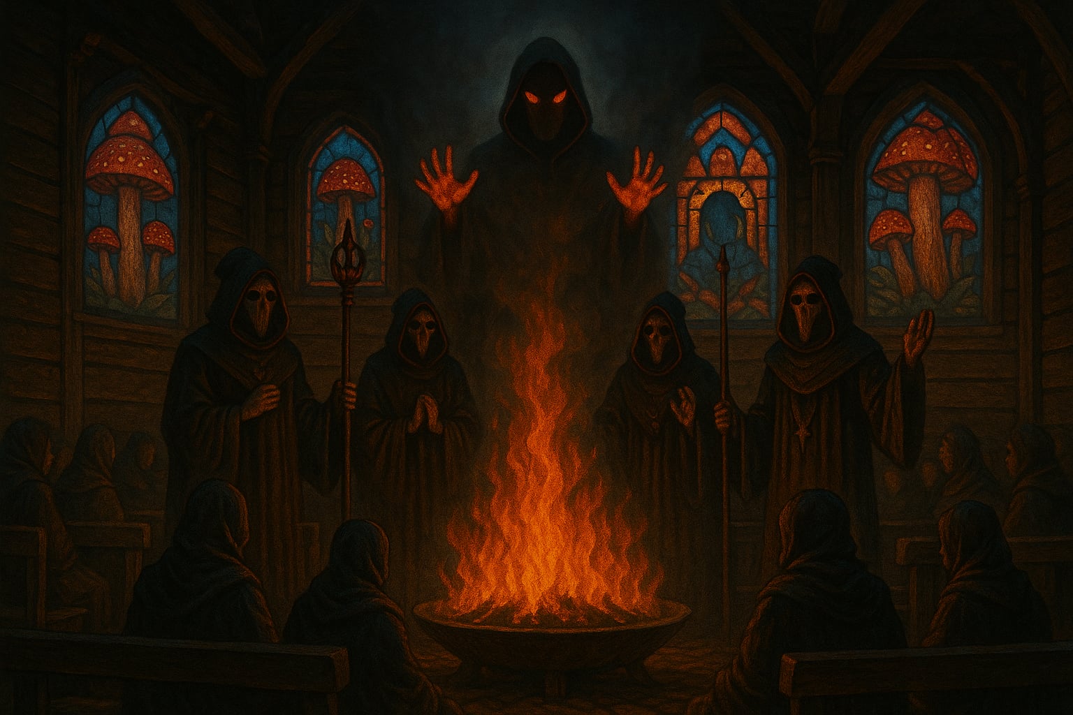 Wnętrze ciemnej kaplicy obłożonej belkami z czarnego drewna. W środku płonie ogień w wielkiej misie. Wokół ognia stoją kapłani Je’haim w czarnych szatach i maskach przypominających czaszki, trzymający laski. Witraże w oknach ukazują grzyby Adosa i postać Je z jarzącymi się oczami. Nad płomieniami majaczy ogromna sylwetka Je, unosząca ręce w geście grozy. Orianie siedzą w ławach, uczestnicząc w mrocznej mszy za zmarłych.