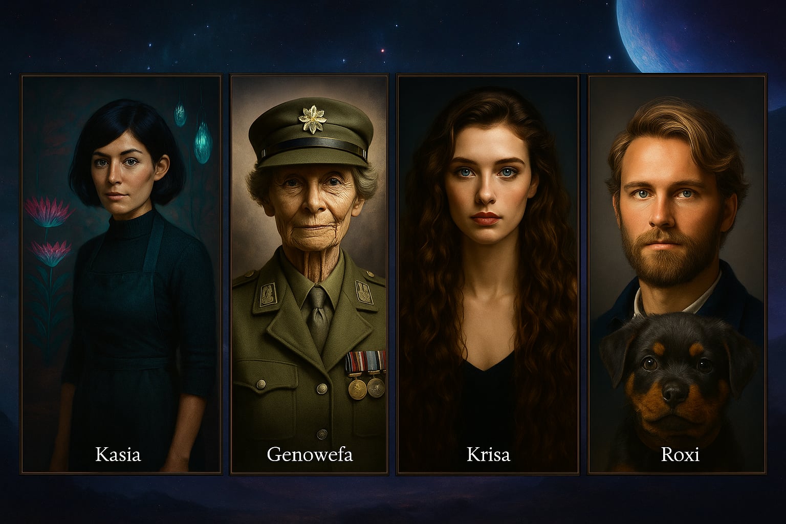 Album rodzinny Bliscy Roniego. Pięć portretów ułożonych w dwóch rzędach. Górny rząd: Kasia po lewej, Genowefa w środku, Krisa po prawej. Dolny rząd: Ban po lewej, Roxi po prawej. Kasia ma króczoczarne włosy do ramion, czarny fartuch i tło z bioluminescencyjnymi roślinami. Genowefa to starsza weteranka w mundurze z medalami, portret w odcieniach szarości. Krisa ma długie kręcone włosy, zielone oczy z niebieskimi płomieniami i poważny wyraz twarzy. Ban to młodszy brat, blondyn z krótką brodą i brązowymi oczami, portret w ciepłym świetle. Roxi to szczenię rottweilera o czarnej sierści z rudymi znaczeniami i ciemną obrożą. Pod każdym portretem widoczny jest podpis imienia.