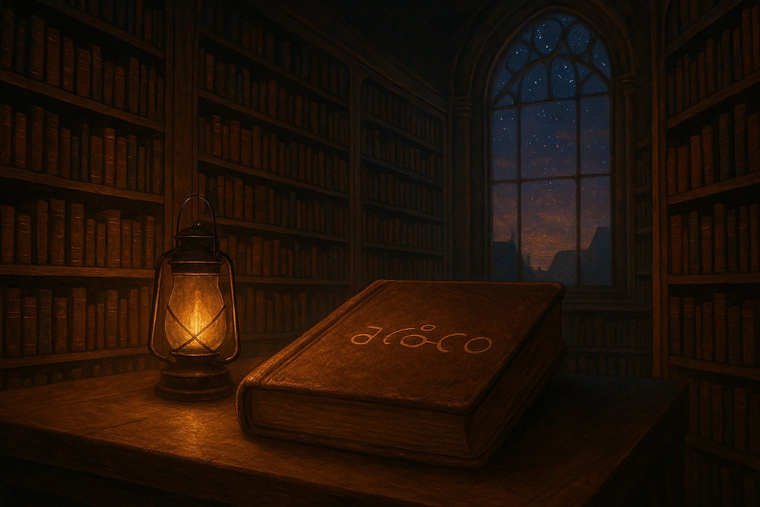 Wysoka biblioteka Oriona z ciemnego drewna. Półki pełne starych ksiąg otaczają wnętrze i sięgają aż pod sklepienie. Na środku stoi ciężki drewniany stół, na którym spoczywa skórzana księga z runicznym napisem adeka na okładce. Obok niej świeci żółtym blaskiem żelazna lampa olejna, rzucając refleksy na pobliskie deski. W tle widoczne jest ogromne okno o łukowatym kształcie. Za szybą rozciąga się niebo w odcieniach granatu i czerwieni, ozdobione gwiazdami oraz sylwetkami dachów. Ciepłe światło wewnątrz kontrastuje z chłodnym zmierzchem na zewnątrz, nadając scenie mistyczny i monumentalny charakter.