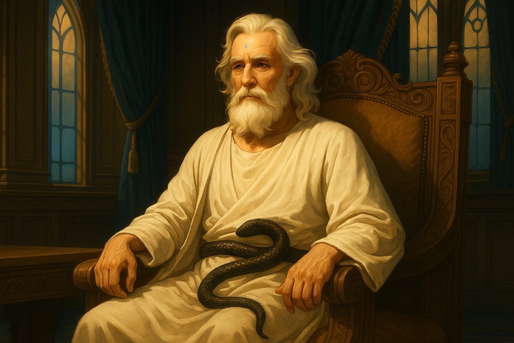 Arios siedzi w pałacowej komnacie przebrany w białą suknię przepasaną wężem