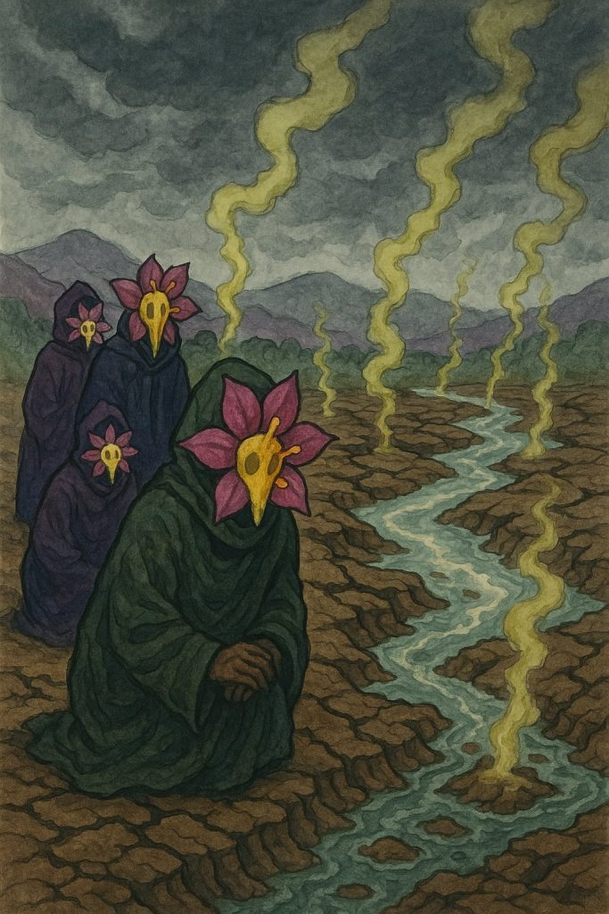 Ludzie w rytualnych strojach stoją nad odtajaną rzeką metanu podczas miesiąca Ferest, noszą maski z kwiatów ferolisów chroniące przed oparami.