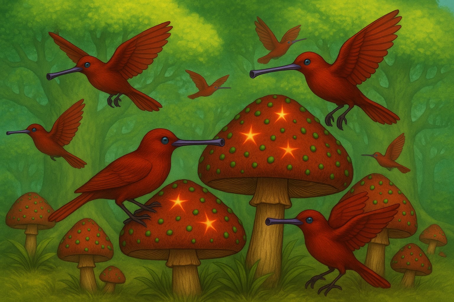 Na ilustracji widzimy rozległy las Orionu z drzewami przypominającymi dęby, których korony pokrywają zielone fluorescencyjne liście. Liście delikatnie emanują blaskiem, nadając całej scenerii mistyczny charakter. Na pierwszym planie rosną grzyby Adosy z szerokimi, czerwonymi kapeluszami ozdobionymi zielonymi wypustkami. Na ich powierzchni lśnią jasne, gwiazdkowe punkty świetlne, które stanowią źródło pożywienia dla ptaków. Wokół Adosów gromadzi się stado Jofioliusów ofilio. Ptaki mają intensywnie czerwone pióra, rozłożyste skrzydła i długie, fioletowe dzioby przypominające flety. Ich błękitne kryształowe oczy połyskują w świetle dnia. Część ptaków siedzi na kapeluszach grzybów i wydłubuje świecące gwiazdki, inne unoszą się w powietrzu, rozpościerając skrzydła. Kompozycja łączy ciepłe barwy czerwieni ptaków i grzybów z jaskrawą zielenią liści, tworząc kontrastowy, żywy obraz. Cała scena wygląda jak fragment rytualnego spektaklu natury, gdzie dźwięk fletowych dziobów Jofioliusów stapia się z magiczną aurą lasu.