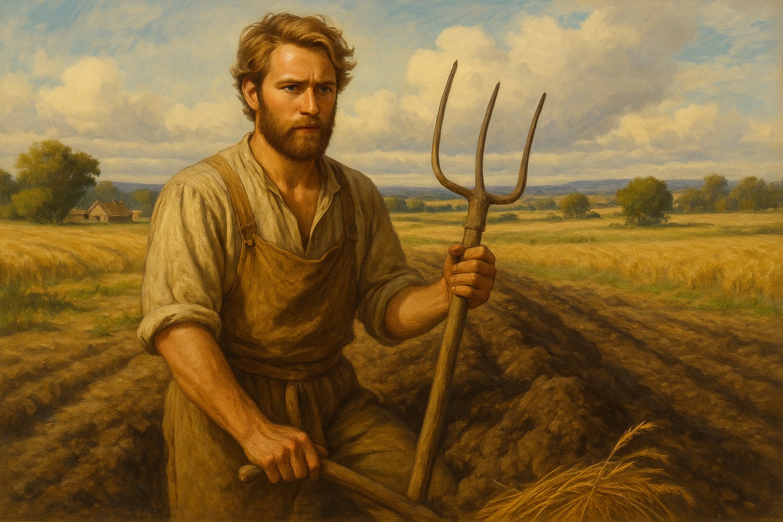 Ban młodszy brat Roniego pracuje w polu. Ubrany w lnianą koszulę i brązowy fartuch trzyma widły na tle złotych zbóż i pagórkowatego krajobrazu. W oddali widać wiejski dom i drzewa, nad nimi jasne chmury przesuwają się po niebie.