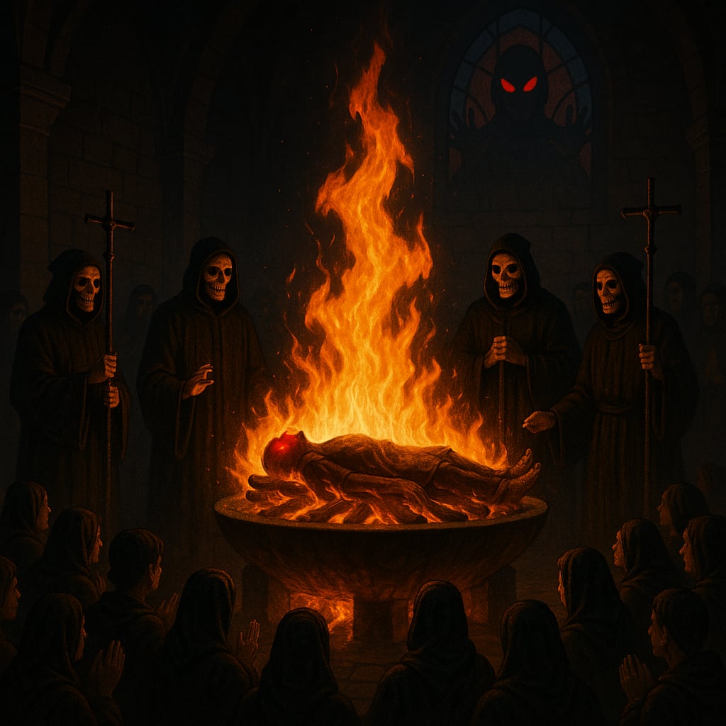 Kapłani w czarnych szatach i maskach czaszek stoją wokół ogromnej misy ognia, w której pali się ciało. Orianie klęczą w ławach i modlą się, a na witrażu w tle majaczy sylwetka Jederesta z czerwonymi oczami.