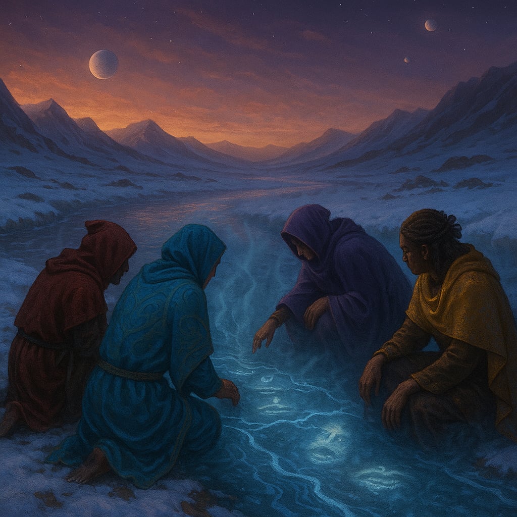 Ludzie w rytualnych strojach siedzą przy metanowej rzece w dolinie podczas miesiąca Terest, obserwując bruzdy i wizje na tafli wody.