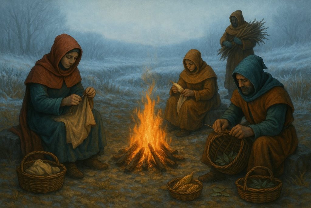 Grupa Orian siedzi przy ognisku na tle pól i lasów. Jedna postać szyje ubranie, inna przędzie nici, a kolejna sortuje liście w koszu. Obok widać kosze pełne zapasów, między innymi zboża. W tle ktoś niesie wiązkę gałęzi. Krajobraz pokrywa szron, drzewa są nagie, a mgła zwiastuje początek zimy. Atmosfera jest spokojna i pełna skupienia.