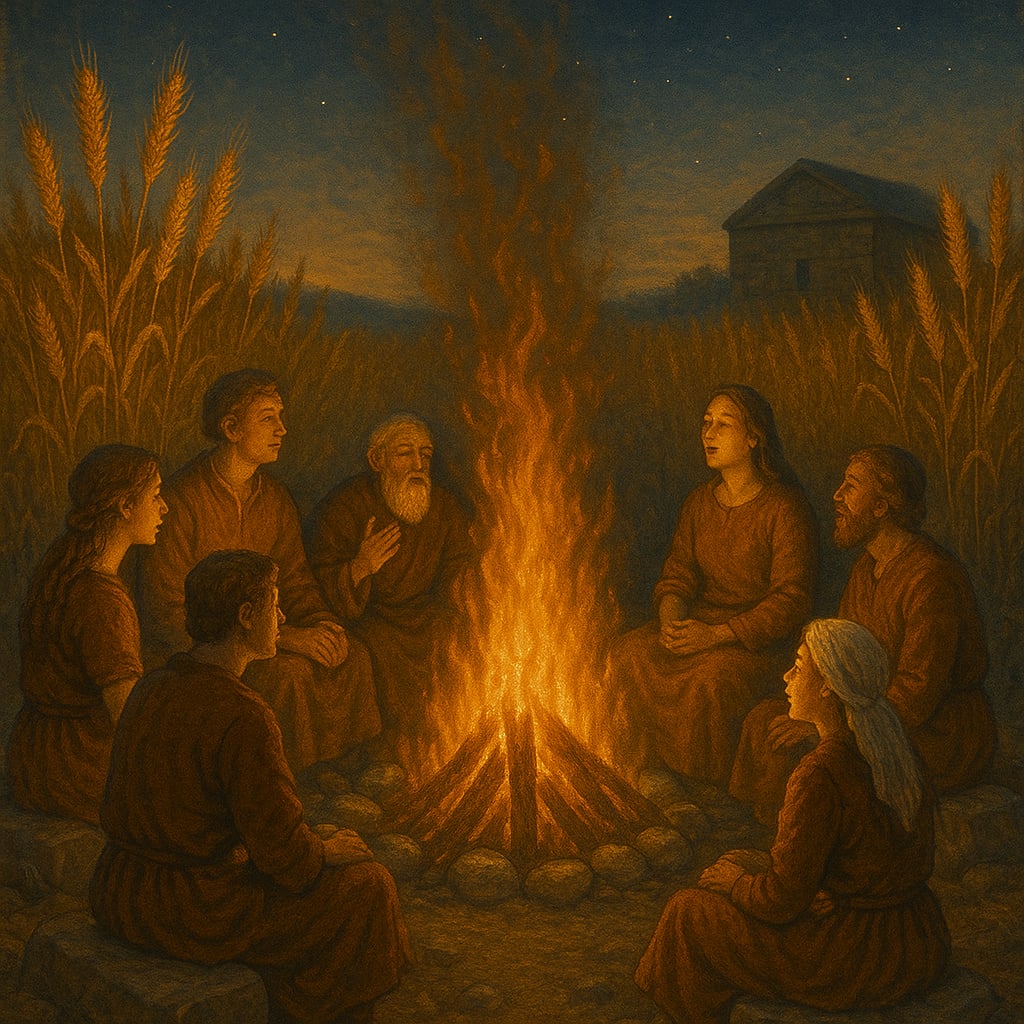 Orianie przy ognisku w czasie Sirestu – rytuał wdzięczności i wspólne świętowanie zbiorów wśród złocistych kłosów.