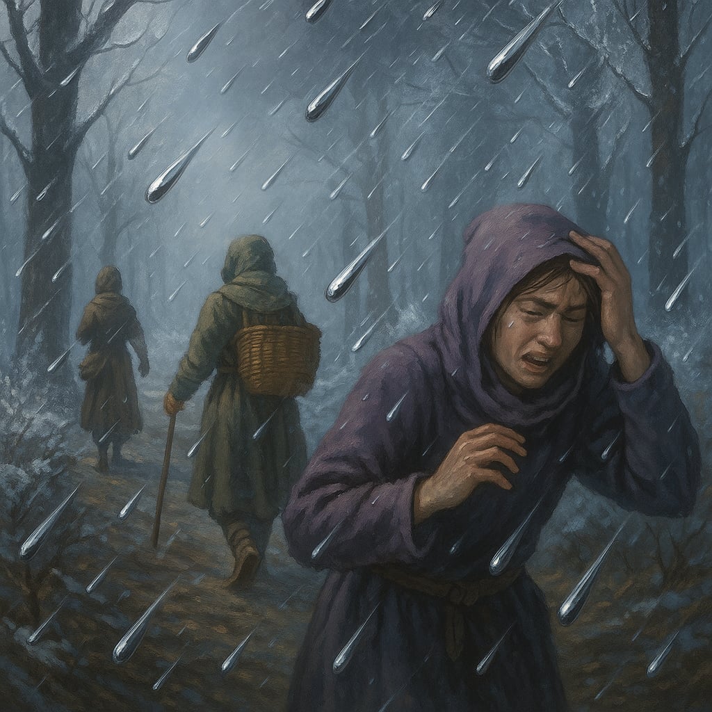 Metaliczny grad spada z nieba na co drugą osobę idącą ulicą podczas miesiąca Derest w kalendarzu Orestar.