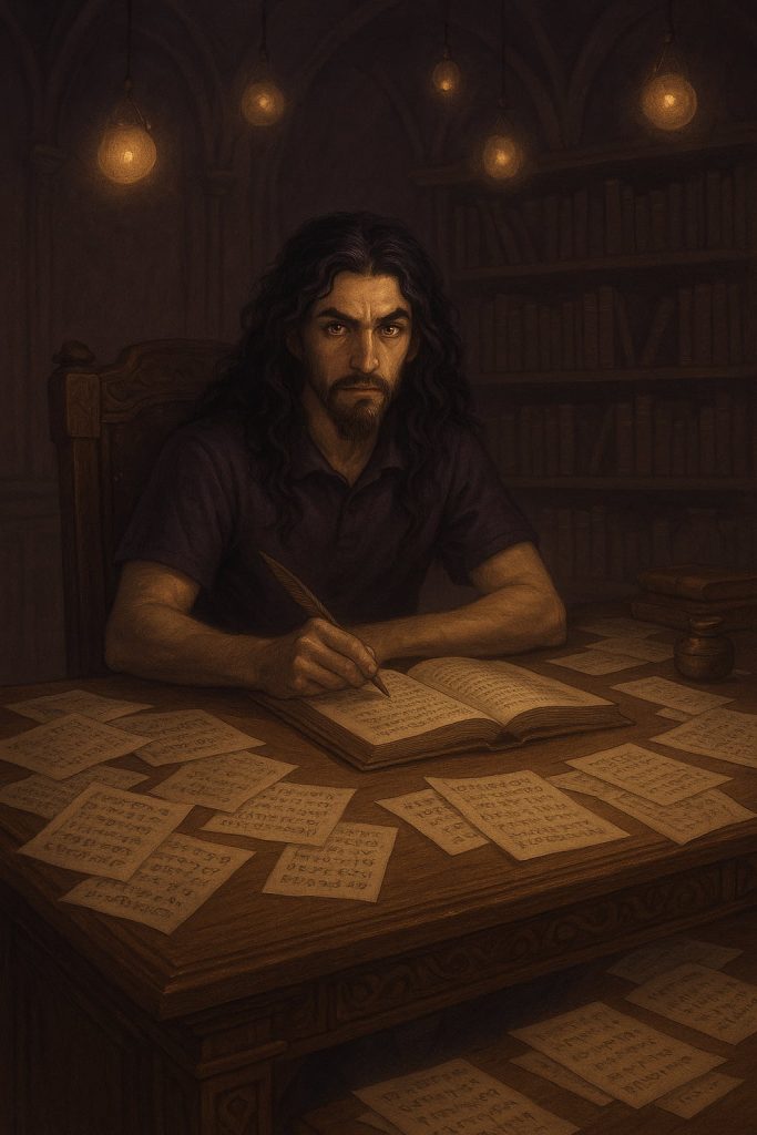 Arios Deniro siedzi w swoim przestronnym gabinecie przy ciężkim dębowym biurku. Na blacie i podłodze leżą porozrzucane kartki zapisane runami. Jego długie, czarne włosy opadają na ramiona, a miodowe oczy błyszczą w półmroku. Sklepienie rozświetlają słabo świecące ferolisy, rzucając ciepły blask na regały pełne ksiąg i kamienne łuki w tle. Atmosfera pokoju łączy tajemniczość i skupienie uczonego.