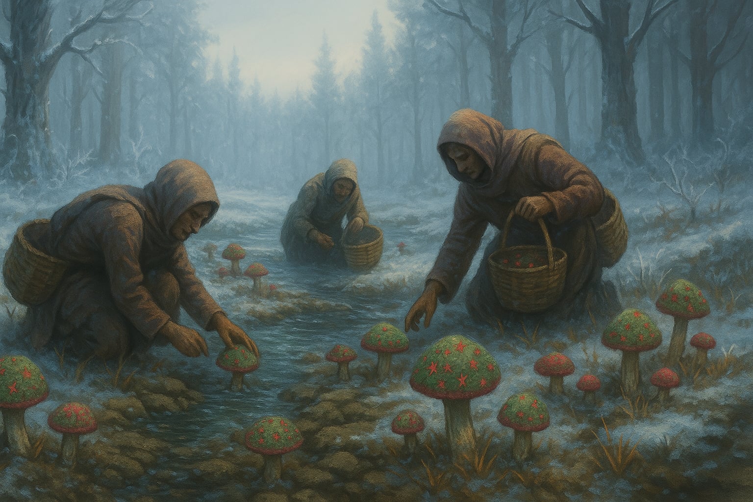 Ludzie w rytualnych strojach zbierają grzyby Adosa w lesie z resztkami metanowego szronu na drzewach.