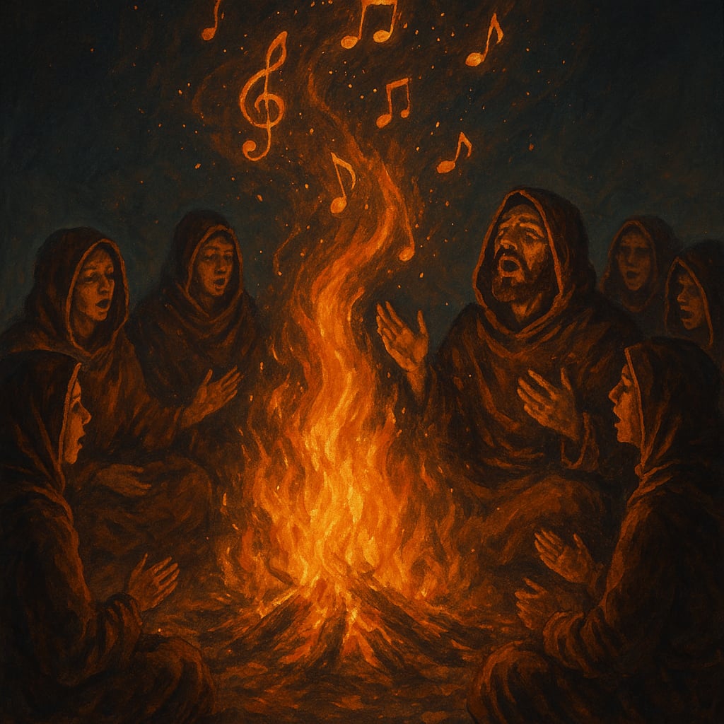 Scena nocnego rytuału Pieśni Ognia Jari. Sześciu Orian siedzi w kręgu wokół dużego ogniska, którego płomienie tańczą i rozświetlają ich skupione twarze. Wierni śpiewają pieśń, a z ognia unoszą się świetliste nuty symbolizujące modlitwę i muzykę. W tle majaczą ciemne sylwetki drzew, a całość tworzy mistyczną i uroczystą atmosferę.