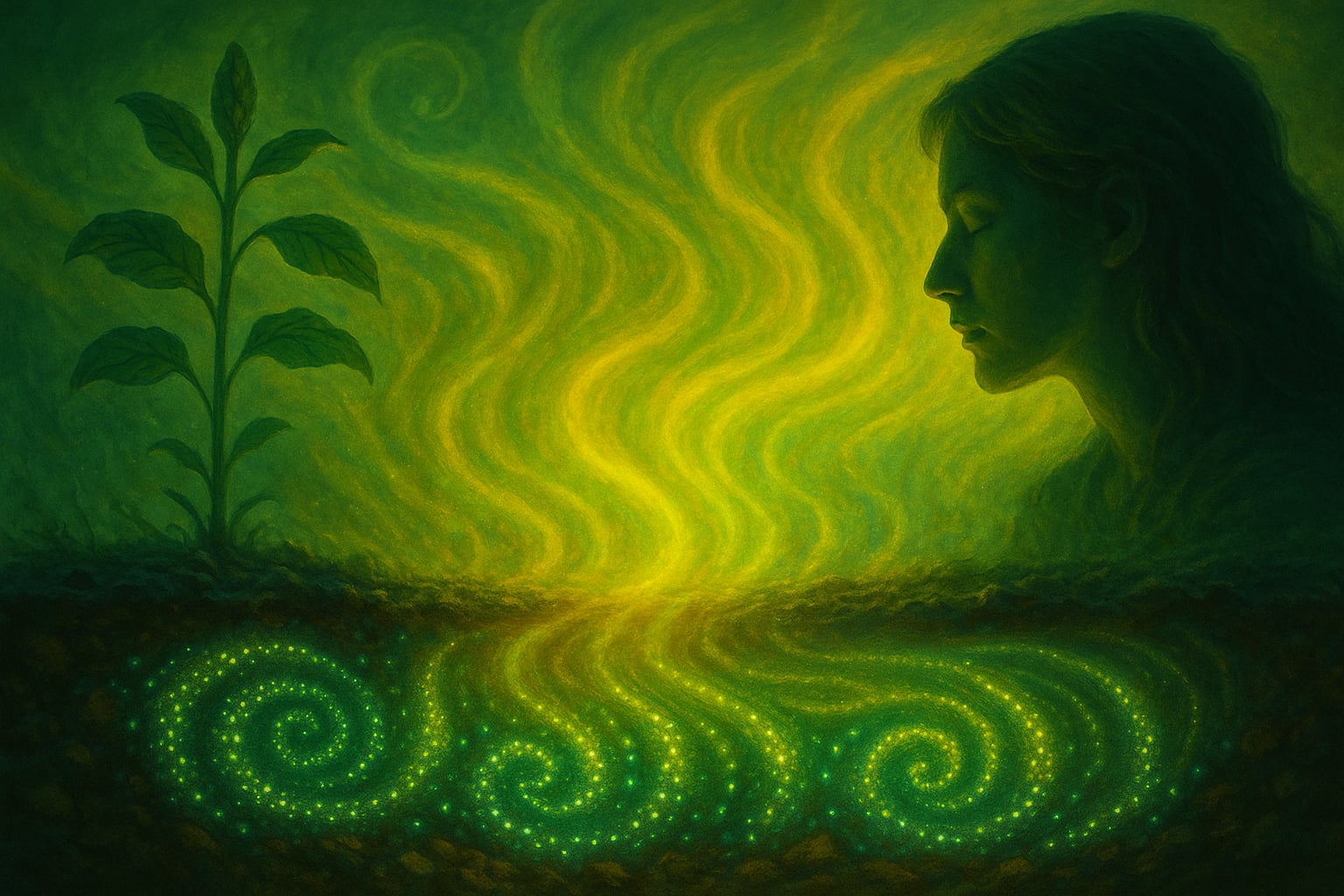 Pod powierzchnią gleby metanowej świecą spiralne kolonie bakterii Mysterificus protonus, emitujące zielono-złote światło. Z ziemi unoszą się falujące smugi energii przypominające psychodeliczne wiry w odcieniach zieleni i żółci. Po lewej stronie rośnie roślina rytualna, której liście lekko drgają. Po prawej stronie sylwetka Oriana z zamkniętymi oczami doświadcza wizji, oświetlona blaskiem protonicznych rezonansów. Cała scena spowita jest mistyczną, hipnotyczną atmosferą.