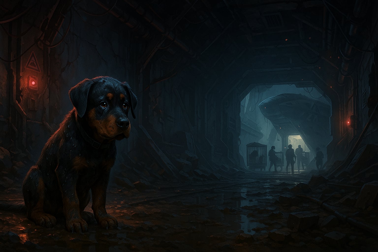 Roxi, rottweiler o czarnej maści z rudymi znaczeniami, siedzi w błocie korytarza Sirionu. Jest ubłocona i drży, oczy ma zapłakane. Uszy położone, ogon przy ziemi, postawa wyraża strach i bezradność. Industrialny tunel jest zniszczony, ściany popękane, rury zwisają z sufitu. Na posadzce leżą gruz i kałuże, odbijają czerwone lampy alarmowe. W głębi widać sylwetki członków ZA niosących klatki z psami. Obok stoi transportowiec, z luku bije ostre białe światło. Błoto tworzy długą smugę prowadzącą ku rampie statku. Scena rozgrywa się tuż przed odlotem, gdy Roni dopiero nadchodzi.