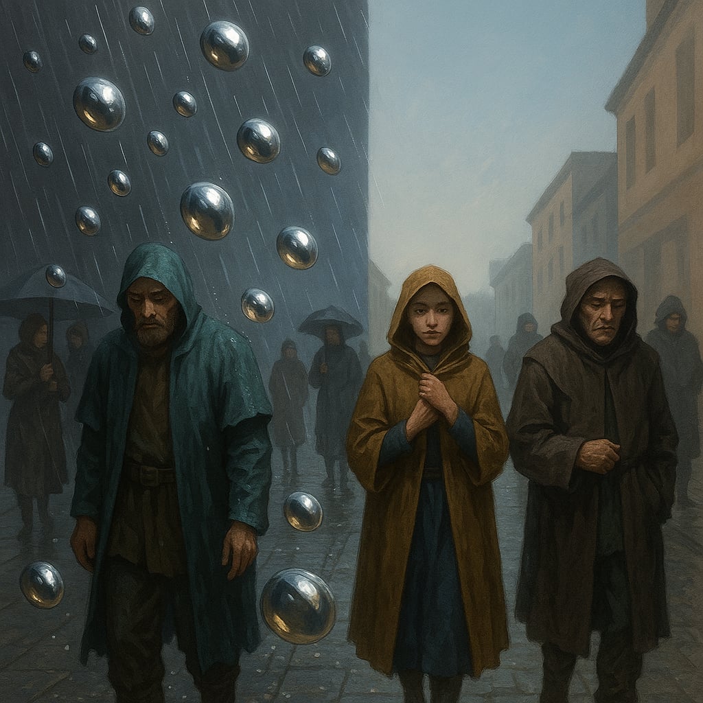 Metaliczny grad spada z nieba na co drugą osobę idącą ulicą podczas miesiąca Derest w kalendarzu Orestar.