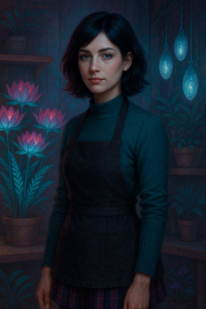 Kasia kwiaciarka Roniego na Orionie. Młoda kobieta z króczoczarnymi włosami do ramion. Stoi przy ladzie z Ferolisami i trawami Oriatus. W tle świecą kokony Felis Chiata. Na sobie ma krótką spódnicę z włókien Oriatus i kraciaste rajstopy. Na ścianie widać znaki miesiąca Orestar oraz ceny zapisane runami.