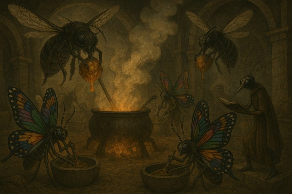 Ilustracja wnętrza owadziej fabryki Orian. Serestynki z umięśnionymi ramionami siedzą przy dużych kamiennych misach i tłuką nasiona Oriatus, wydobywając oleisty płyn. Nad halą unoszą się ogromne owady Dees, wielkie jak ludzkie niemowlęta, o twarzach przypominających maski gazowe. Niosą ciężkie ładunki miodu ferolisa i zrzucają je do żarzącego się kotła. Powietrze pełne jest dymu i pary, a atmosfera jest duszna i rytualna. Styl atlasowy, fantastyczny, pełen detali, bez napisów.