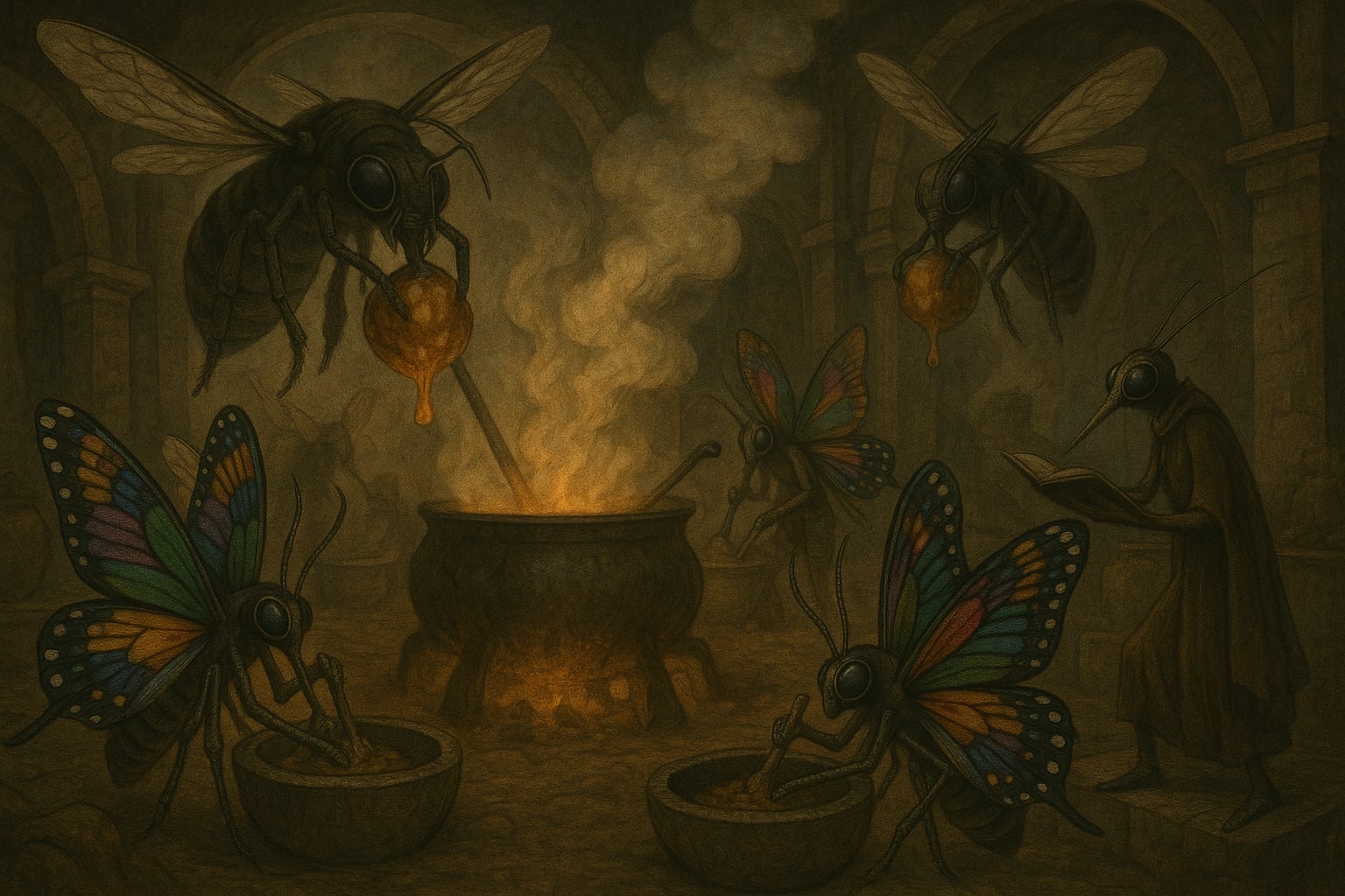 Ilustracja wnętrza owadziej fabryki Orian. Serestynki z umięśnionymi ramionami siedzą przy dużych kamiennych misach i tłuką nasiona Oriatus, wydobywając oleisty płyn. Nad halą unoszą się ogromne owady Dees, wielkie jak ludzkie niemowlęta, o twarzach przypominających maski gazowe. Niosą ciężkie ładunki miodu ferolisa i zrzucają je do żarzącego się kotła. Powietrze pełne jest dymu i pary, a atmosfera jest duszna i rytualna. Styl atlasowy, fantastyczny, pełen detali, bez napisów.