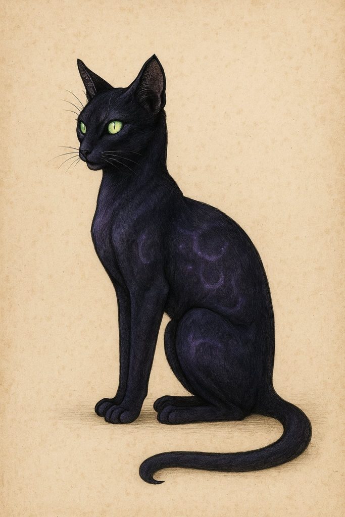 Atlasowa ilustracja dereka ze świata Ux. Smukły kot o ciemnofioletowym futrze z subtelnymi świetlistymi smugami przypominającymi runy. Jego długi giętki ogon podkreśla elegancję sylwetki. Migdałowe oczy świecą zielonym światłem i odbijają energię Mast. Zwierzę siedzi w spokojnej pozie na neutralnym, pergaminowym tle.