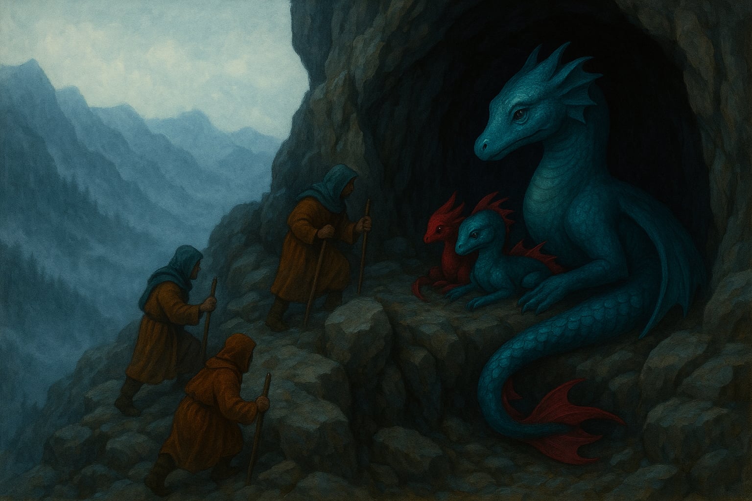 Trzech młodych Orian wspina się po stromych, skalistych zboczach ku jaskini skrytej w gęstej mgle. W wejściu siedzi samica rybosmoka o błękitnych łuskach i czerwonych płetwach, obejmująca swoje młode. Obok niej dwa małe rybosmoki – jeden czerwony, drugi niebieski – patrzą w stronę śmiałków. Atmosfera pełna napięcia, kontrastuje surowość gór z ciepłem opiekuńskiej postawy samicy.