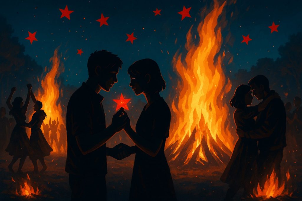 Orianie świętują Noc Płonących Serc. Wokół wielkich ognisk młode pary tańczą, obejmują się i wrzucają czerwone gwiazdki z grzybów Adosa do płomieni. Nocne niebo rozświetlają płomienie i unoszące się czerwone gwiazdy